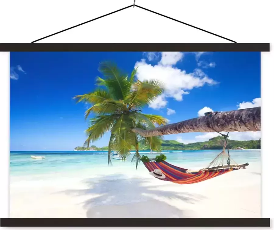 TextilePosters Posterhanger incl. Poster 120x80 cm Schoolplaat Strand Hangmat Zee Palmboom Textielposter Zwarte latten