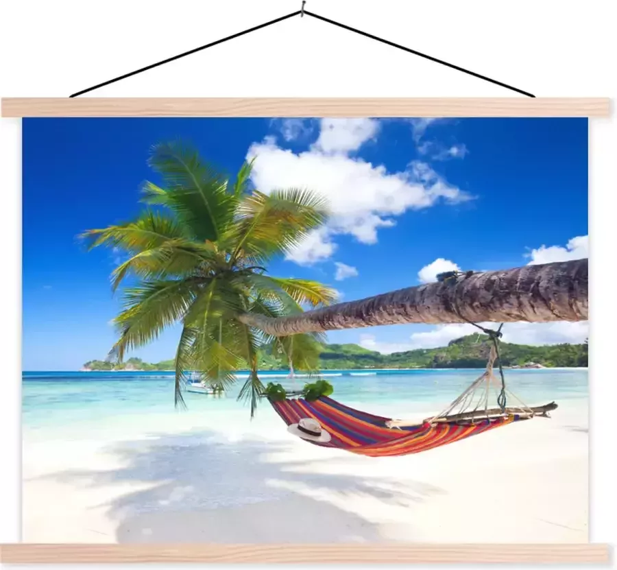 TextilePosters Posterhanger incl. Poster Schoolplaat Strand Hangmat Zee Palmboom 120x90 cm Blanke latten
