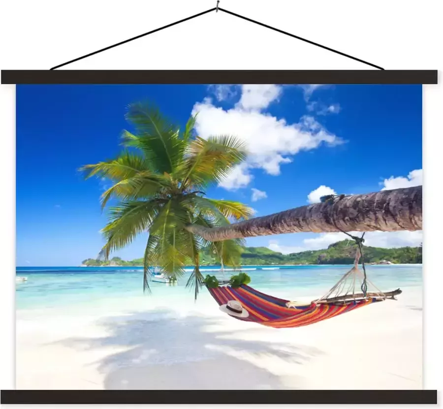 TextilePosters Posterhanger incl. Poster Schoolplaat Strand Hangmat Zee Palmboom 120x90 cm Zwarte latten