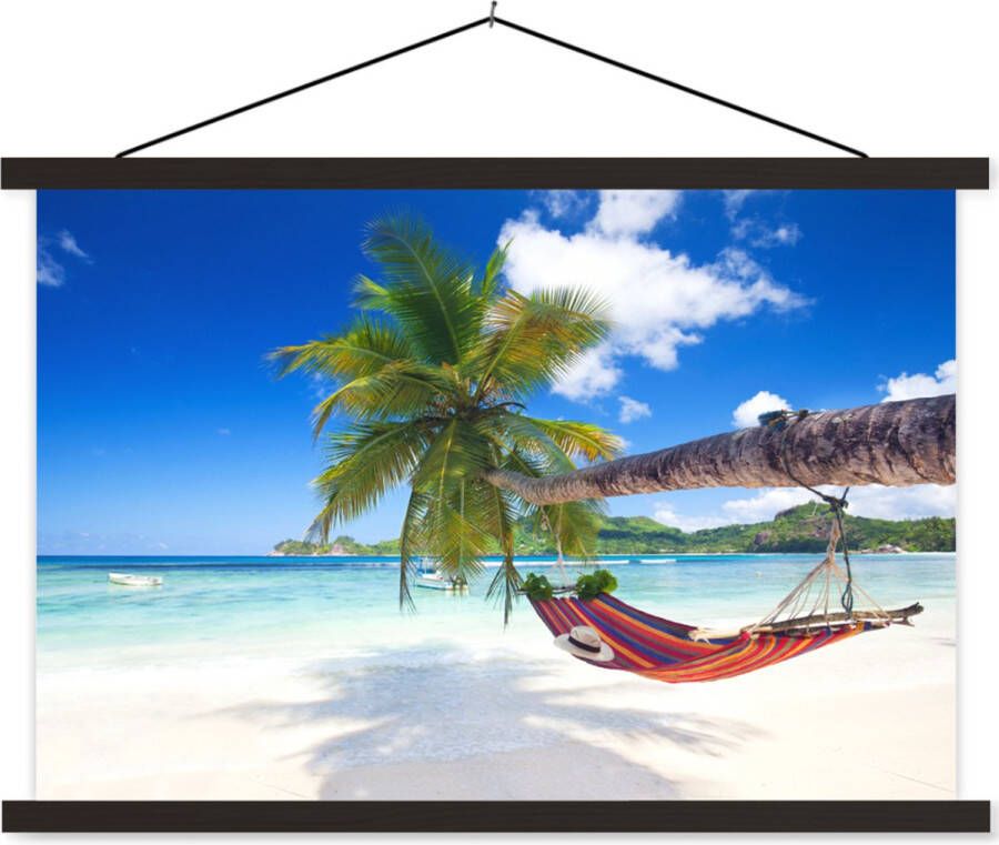 TextilePosters Posterhanger incl. Poster Schoolplaat Strand Hangmat Zee Palmboom 150x100 cm Zwarte latten