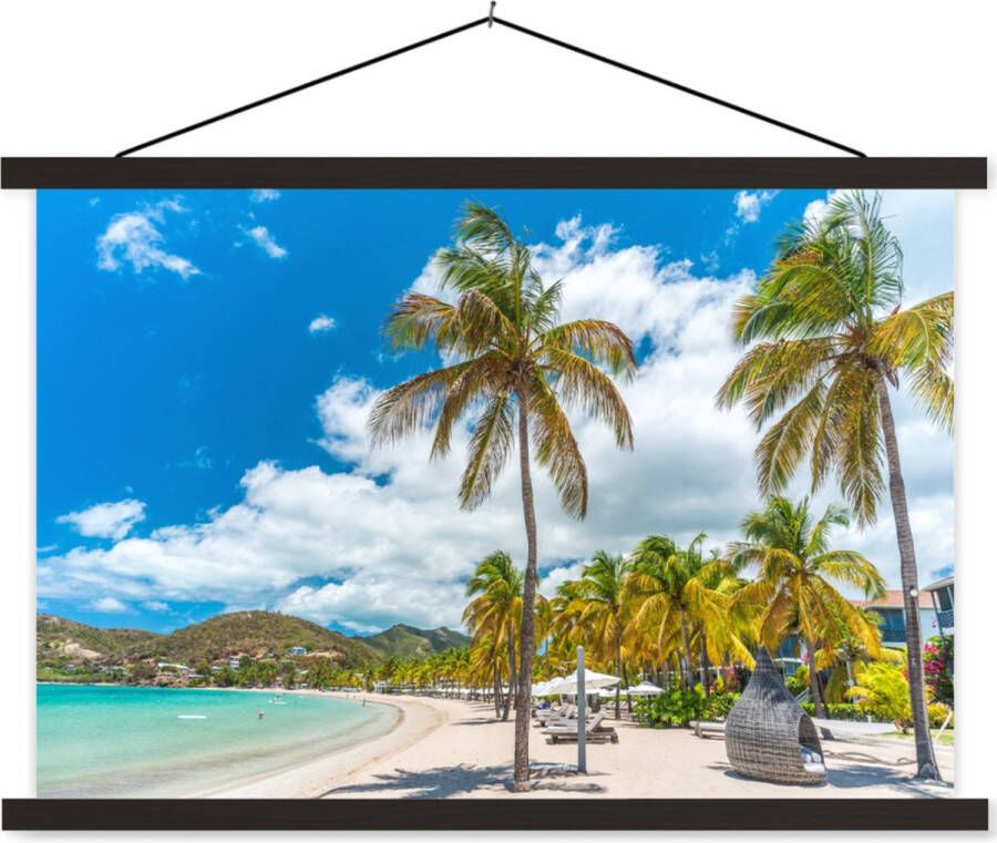 TextilePosters Posterhanger incl. Poster Schoolplaat Strand Ligbed Palmbomen 150x100 cm Zwarte latten