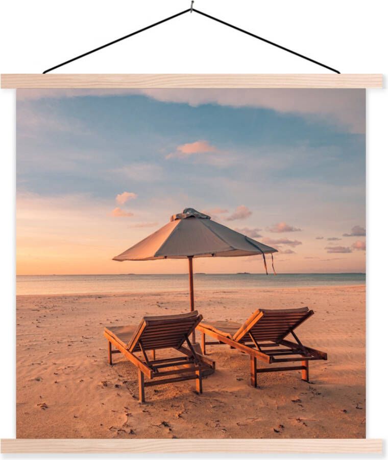TextilePosters Posterhanger incl. Poster Schoolplaat Strand Ligbed Parasol 120x120 cm Blanke latten