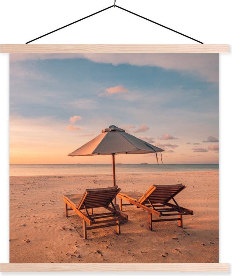 TextilePosters Posterhanger incl. Poster 60x60 cm Schoolplaat Strand Ligbed Parasol Textielposter Blanke latten