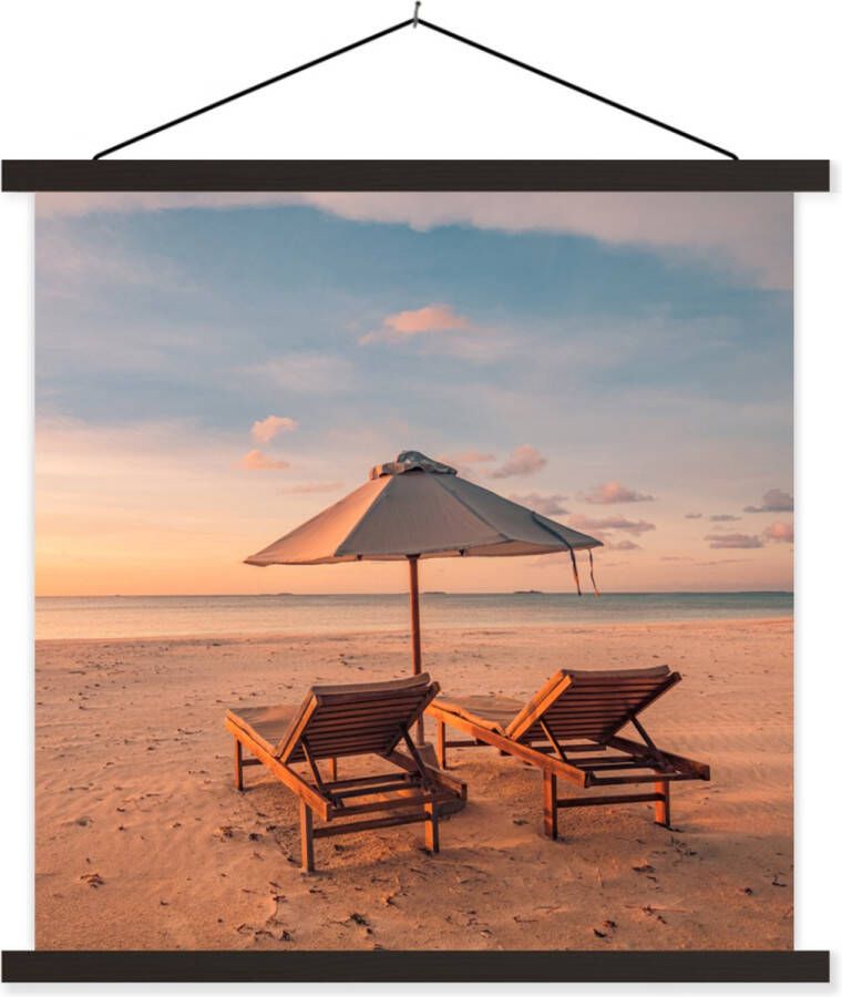 TextilePosters Posterhanger incl. Poster Schoolplaat Strand Ligbed Parasol 60x60 cm Zwarte latten