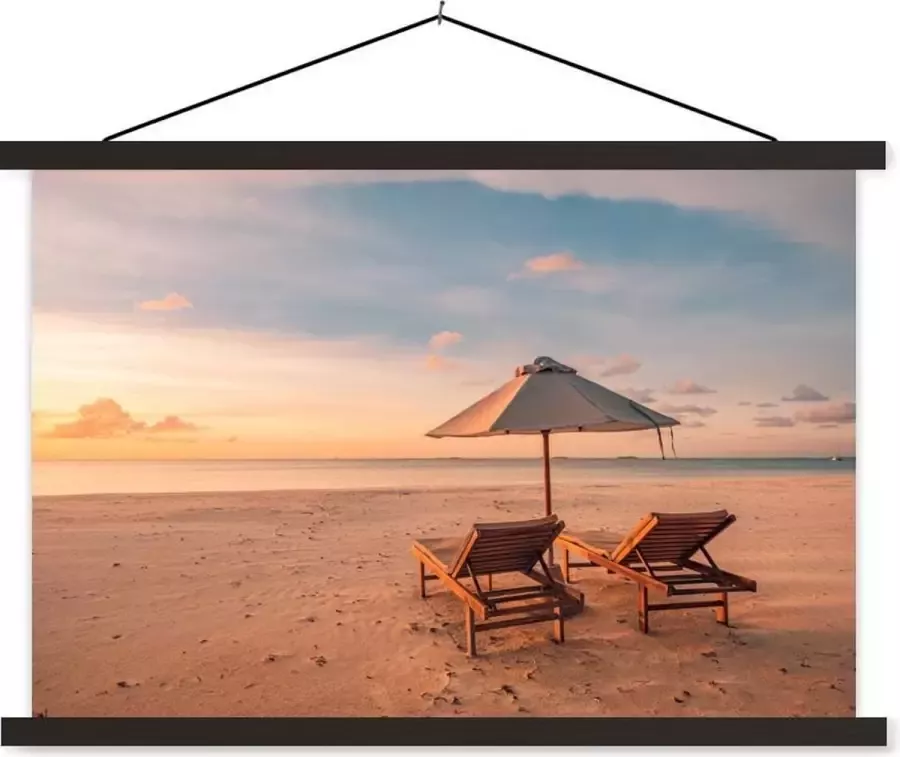 TextilePosters Posterhanger incl. Poster Schoolplaat Strand Ligbed Parasol 90x60 cm Zwarte latten
