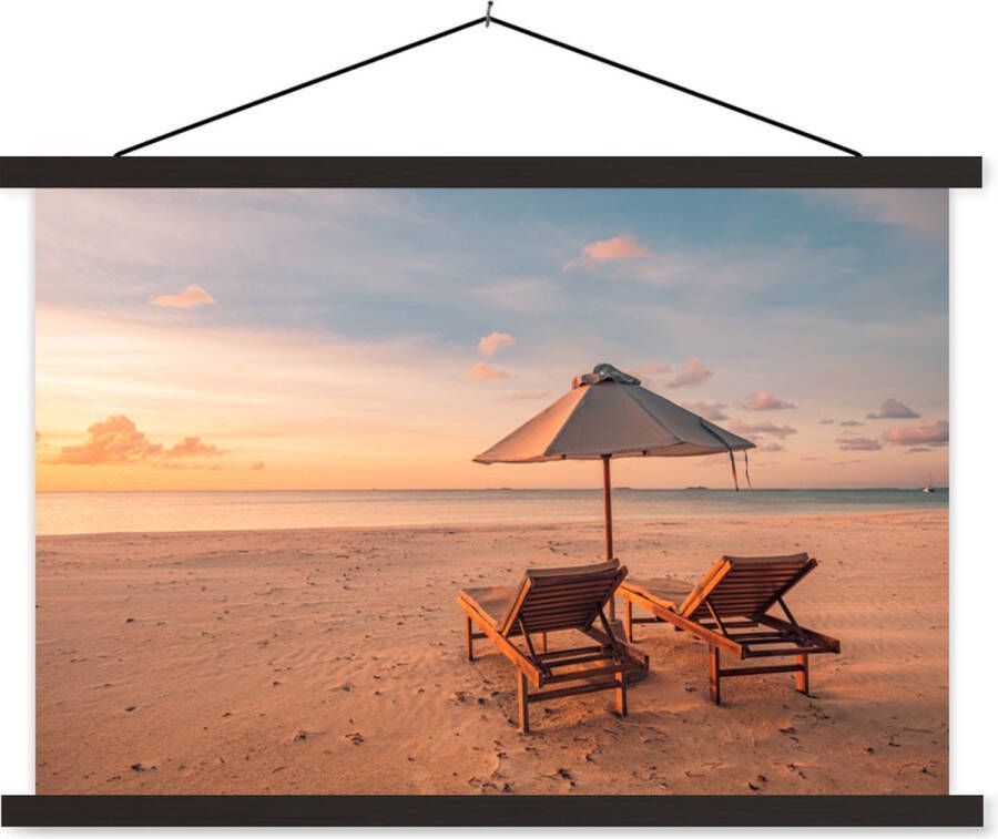 TextilePosters Posterhanger incl. Poster Schoolplaat Strand Ligbed Parasol 90x60 cm Zwarte latten