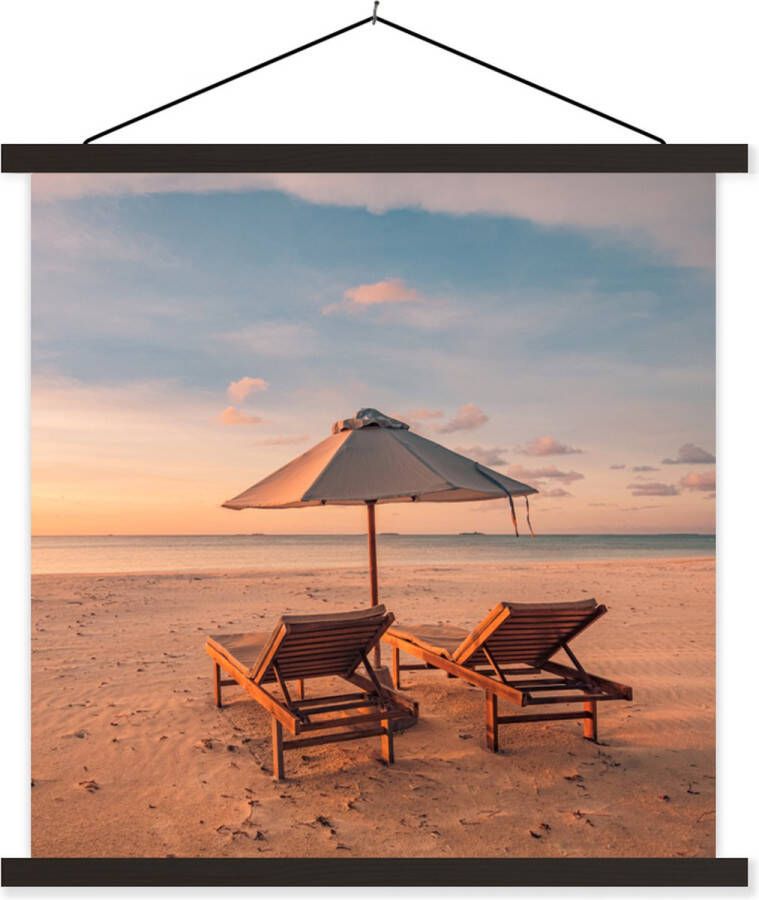 TextilePosters Posterhanger incl. Poster Schoolplaat Strand Ligbed Parasol 90x90 cm Zwarte latten