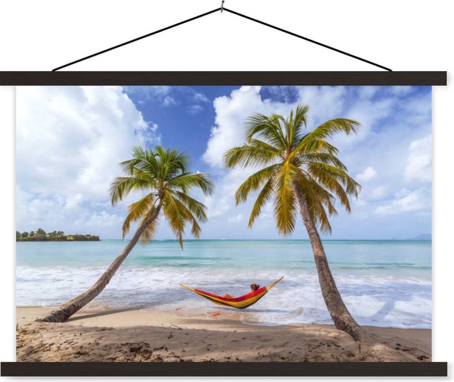 TextilePosters Posterhanger incl. Poster Schoolplaat Strand Palmbomen Hangmat 150x100 cm Zwarte latten