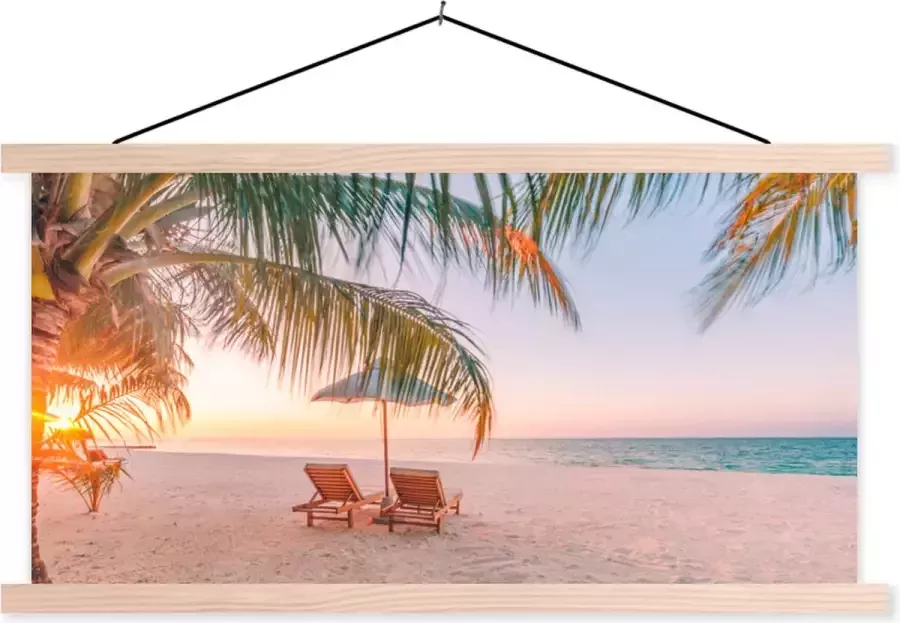 TextilePosters Posterhanger incl. Poster 120x60 cm Schoolplaat Strand Palmbomen Parasol Textielposter Blanke latten