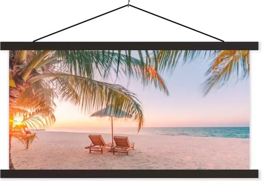 TextilePosters Posterhanger incl. Poster 60x30 cm Schoolplaat Strand Palmbomen Parasol Textielposter Zwarte latten