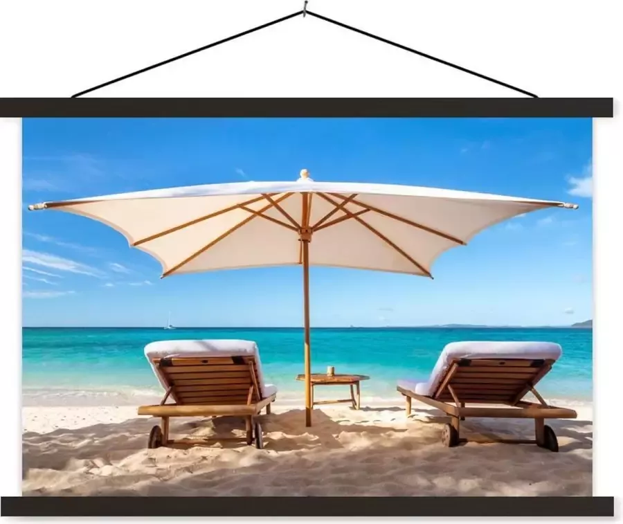 TextilePosters Posterhanger incl. Poster Schoolplaat Strand Parasol Ligbed 150x100 cm Zwarte latten