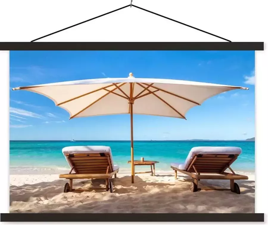 TextilePosters Posterhanger incl. Poster Schoolplaat Strand Parasol Ligbed 60x40 cm Zwarte latten