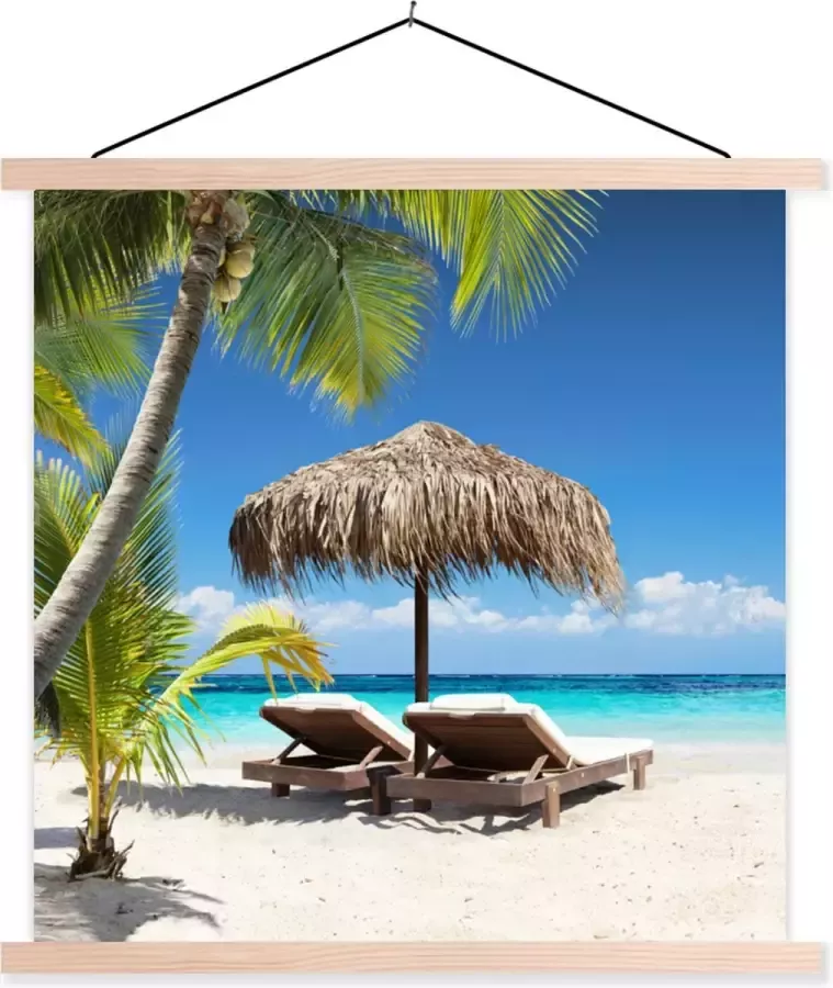 TextilePosters Posterhanger incl. Poster Schoolplaat Strand Parasol Zee 120x120 cm Blanke latten