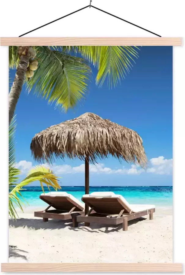 TextilePosters Posterhanger incl. Poster Schoolplaat Strand Parasol Zee 90x120 cm Blanke latten