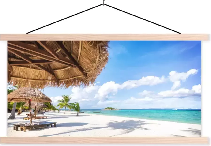 TextilePosters Posterhanger incl. Poster Schoolplaat Strand Parasol Zee Eiland 150x75 cm Blanke latten