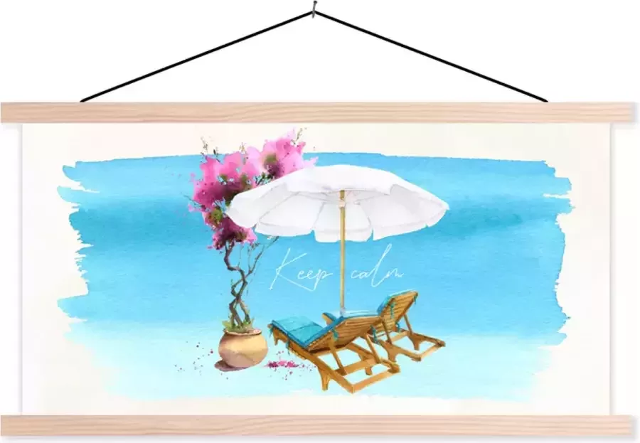 TextilePosters Posterhanger incl. Poster 120x60 cm Schoolplaat Strandstoel Parasol Bloemen Aquarel Textielposter Blanke latten