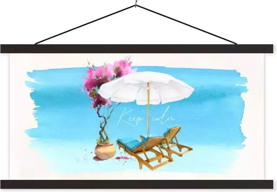 TextilePosters Posterhanger incl. Poster 120x60 cm Schoolplaat Strandstoel Parasol Bloemen Aquarel Textielposter Zwarte latten
