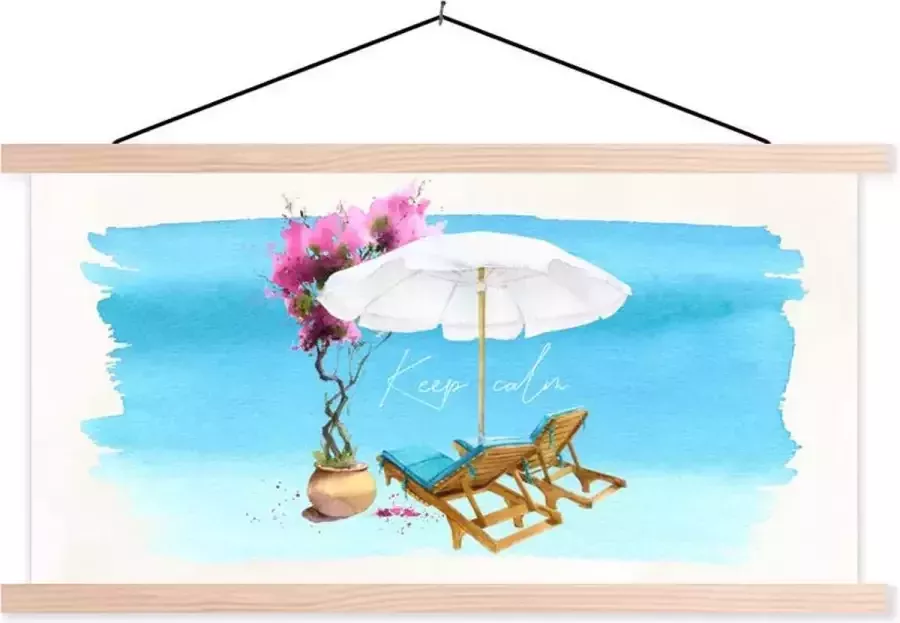 TextilePosters Posterhanger incl. Poster 60x30 cm Schoolplaat Strandstoel Parasol Bloemen Aquarel Textielposter Blanke latten