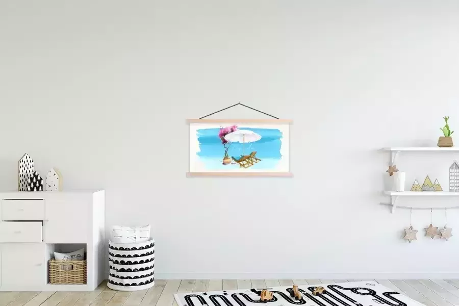 TextilePosters Posterhanger incl. Poster 90x45 cm Schoolplaat Strandstoel Parasol Bloemen Aquarel Textielposter Blanke latten