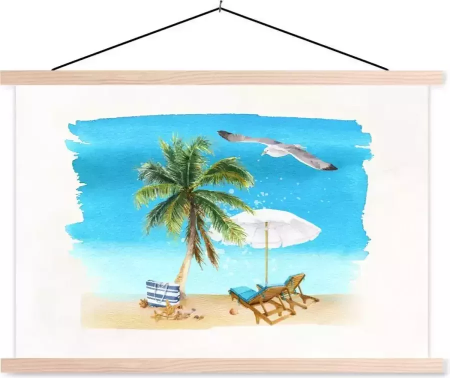 TextilePosters Posterhanger incl. Poster 120x80 cm Schoolplaat Strandstoel Parasol Palmbomen Strand Textielposter Blanke latten