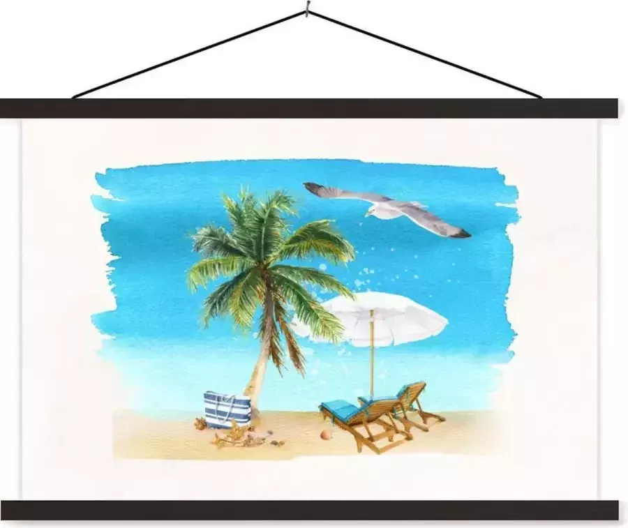 TextilePosters Posterhanger incl. Poster 90x60 cm Schoolplaat Strandstoel Parasol Palmbomen Strand Textielposter Zwarte latten