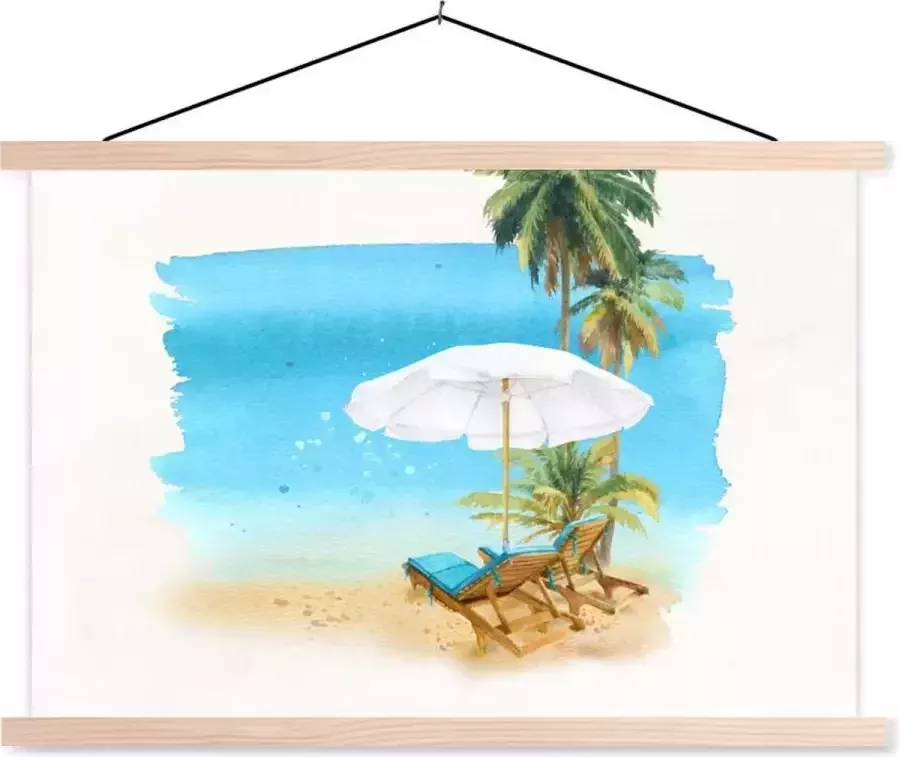 TextilePosters Posterhanger incl. Poster 120x80 cm Schoolplaat Strandstoel Parasol Palmbomen Waterverf Textielposter Blanke latten