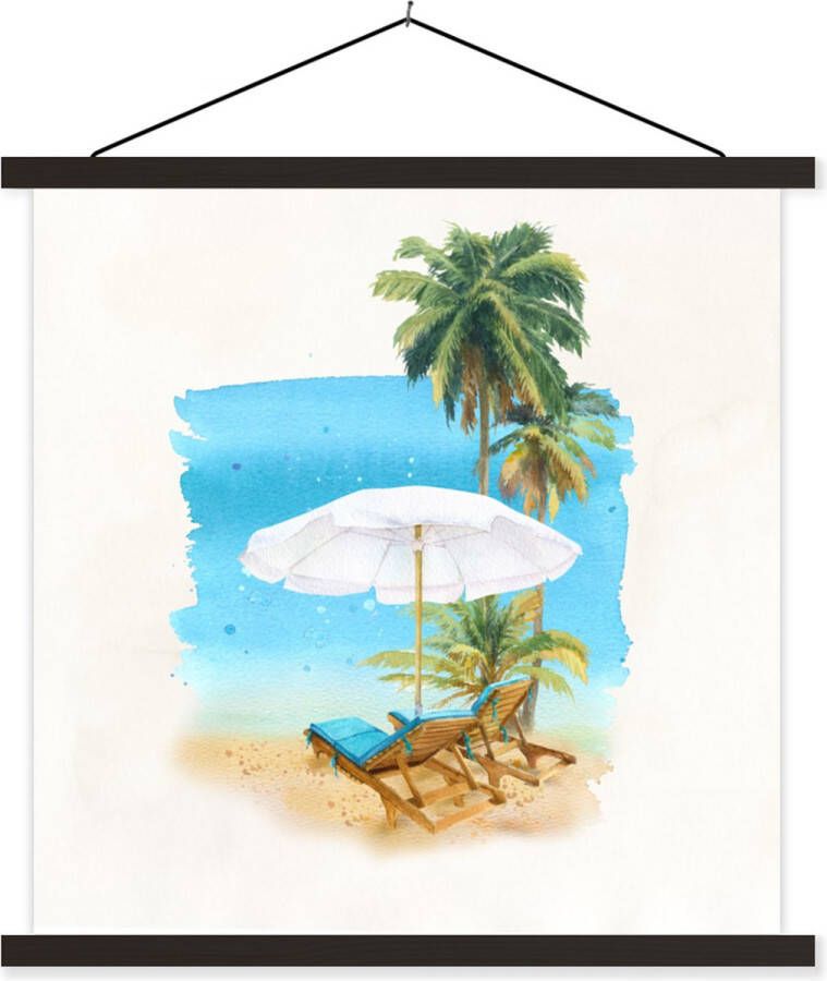 TextilePosters Posterhanger incl. Poster Schoolplaat Strandstoel Parasol Palmboom 120x120 cm Zwarte latten