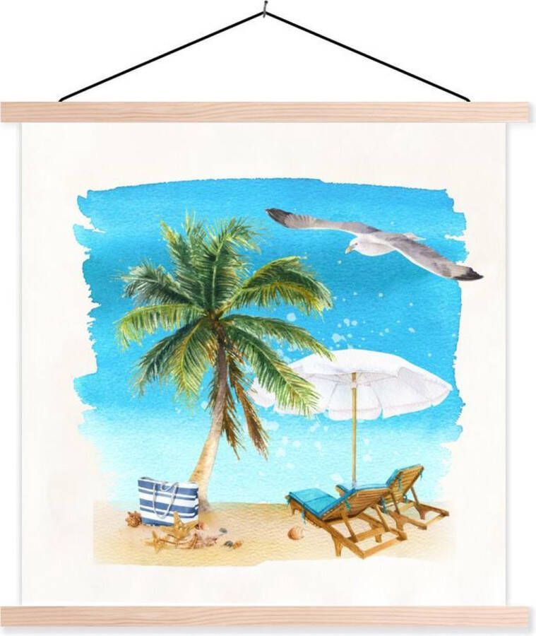 TextilePosters Posterhanger incl. Poster Schoolplaat Strandstoel Parasol Palmboom 40x40 cm Blanke latten