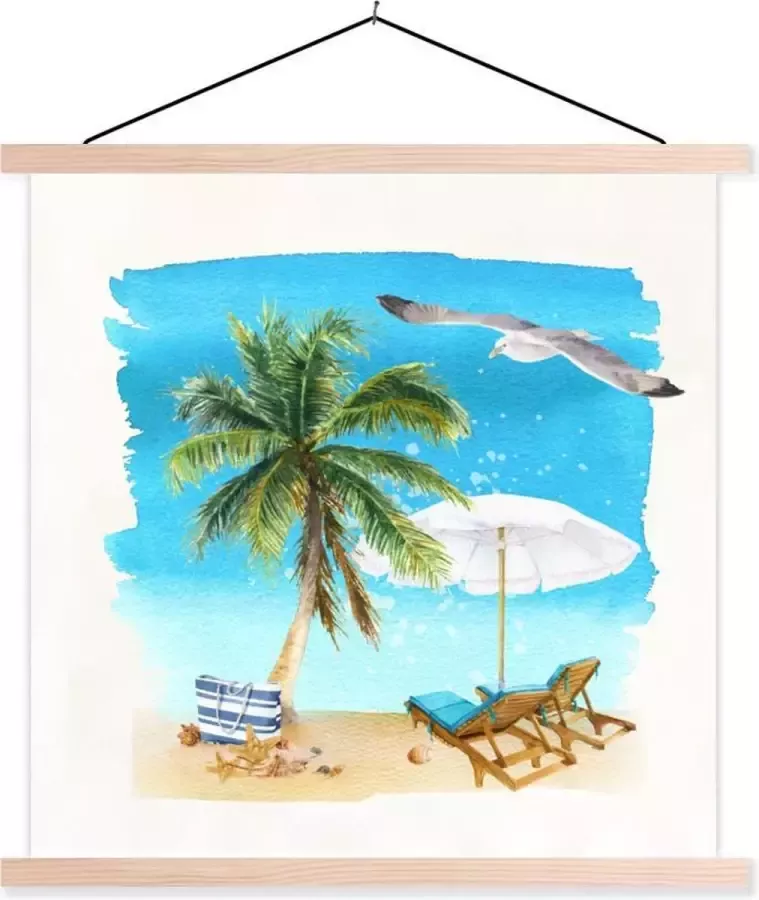 TextilePosters Posterhanger incl. Poster Schoolplaat Strandstoel Parasol Palmboom 40x40 cm Blanke latten