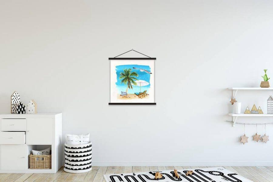 TextilePosters Posterhanger incl. Poster 40x40 cm Schoolplaat Strandstoel Parasol Palmboom Textielposter Zwarte latten