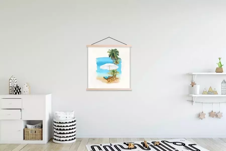 TextilePosters Posterhanger incl. Poster Schoolplaat Strandstoel Parasol Palmboom 90x90 cm Blanke latten