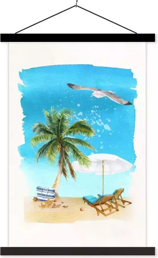 TextilePosters Posterhanger incl. Poster 120x180 cm Schoolplaat Strandstoel Parasol Palmboom Lucht Textielposter Zwarte latten