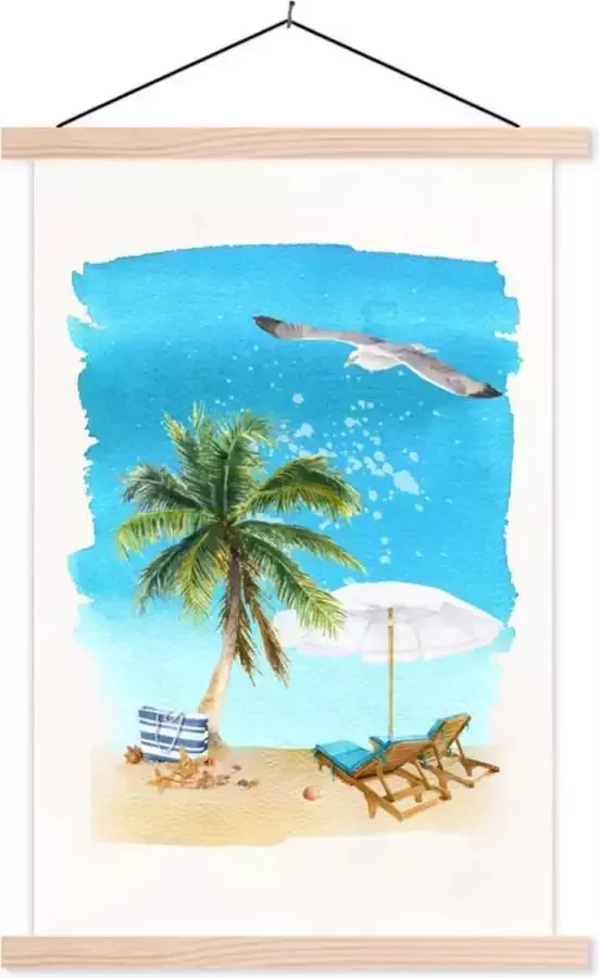 TextilePosters Posterhanger incl. Poster 40x60 cm Schoolplaat Strandstoel Parasol Palmboom Lucht Textielposter Blanke latten