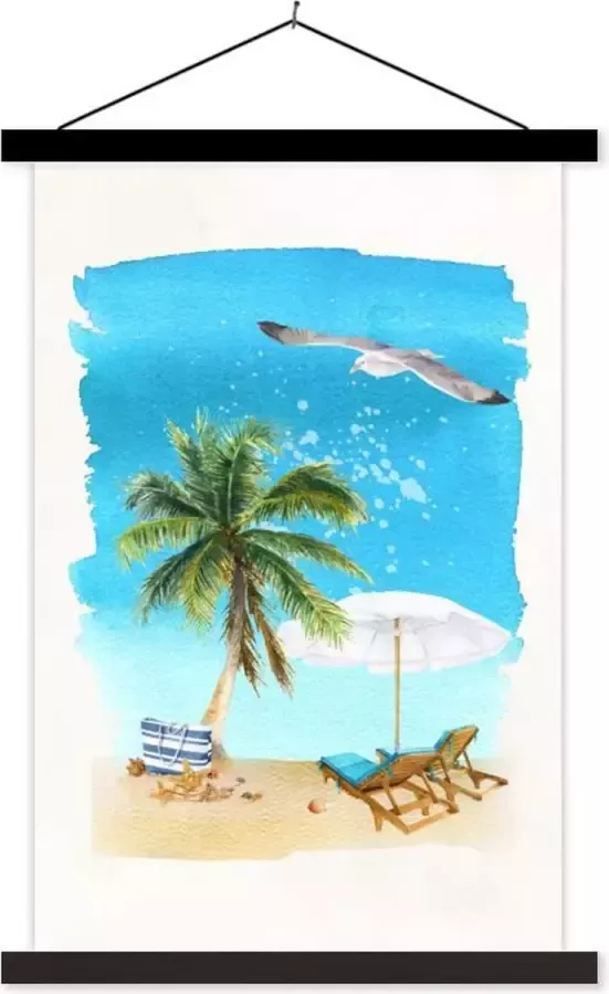 TextilePosters Posterhanger incl. Poster 60x90 cm Schoolplaat Strandstoel Parasol Palmboom Lucht Textielposter Zwarte latten