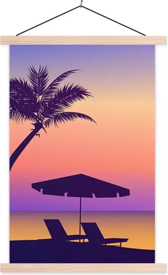 TextilePosters Posterhanger incl. Poster 40x60 cm Schoolplaat Strandstoel Parasol Palmboom Nacht Textielposter Blanke latten
