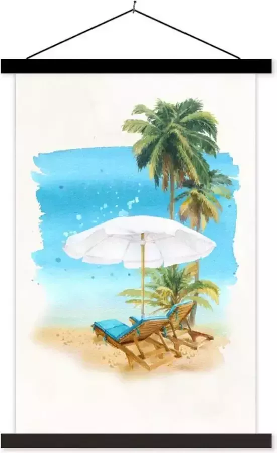 TextilePosters Posterhanger incl. Poster 120x180 cm Schoolplaat Strandstoel Parasol Palmboom- Zee Textielposter Zwarte latten