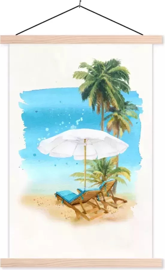 TextilePosters Posterhanger incl. Poster 40x60 cm Schoolplaat Strandstoel Parasol Palmboom- Zee Textielposter Blanke latten