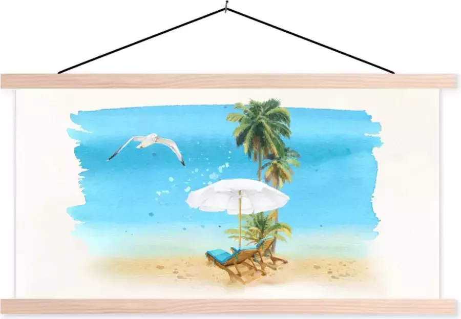 TextilePosters Posterhanger incl. Poster 120x60 cm Schoolplaat Strandstoel Parasol Vogel Palm Textielposter Blanke latten