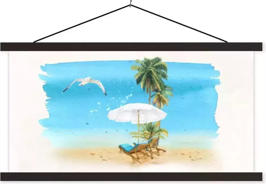 TextilePosters Posterhanger incl. Poster 120x60 cm Schoolplaat Strandstoel Parasol Vogel Palm Textielposter Zwarte latten