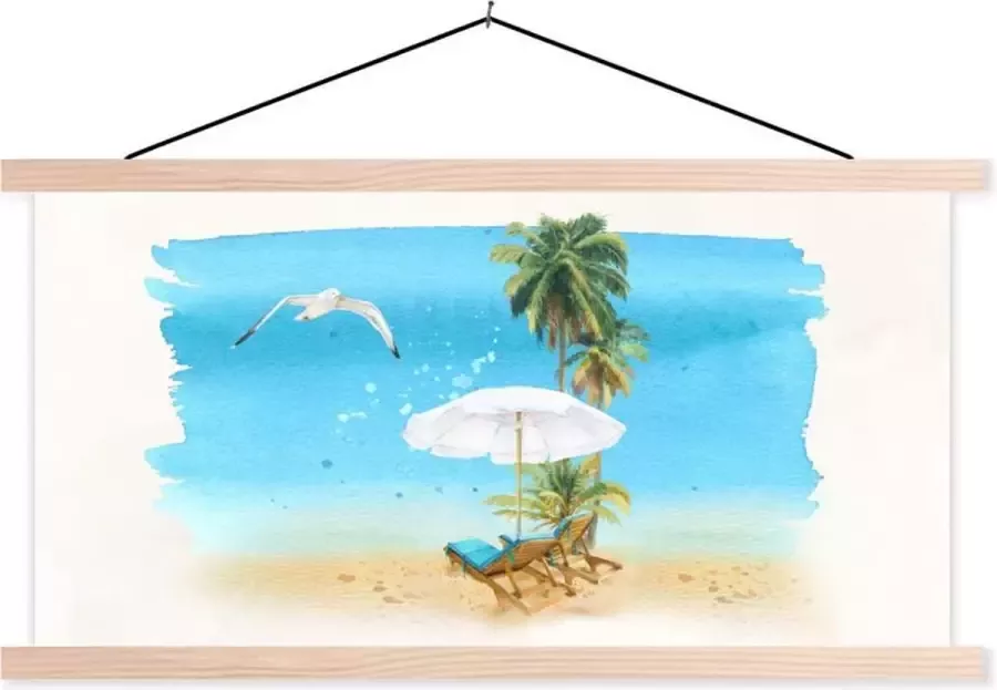 TextilePosters Posterhanger incl. Poster 150x75 cm Schoolplaat Strandstoel Parasol Vogel Palm Textielposter Blanke latten