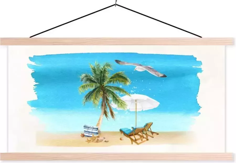 TextilePosters Posterhanger incl. Poster 120x60 cm Schoolplaat Strandstoel Parasol Vogel Waterverf Textielposter Blanke latten