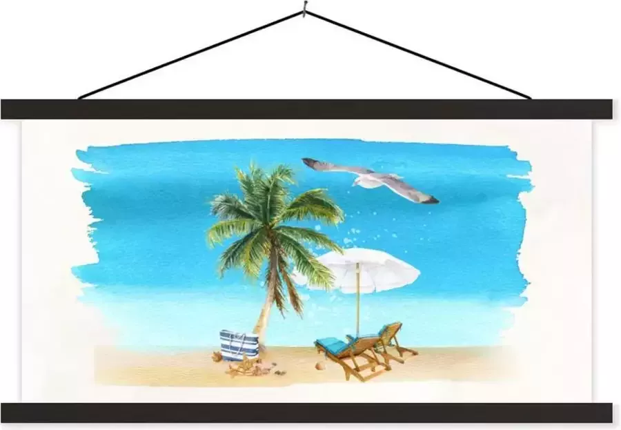 TextilePosters Posterhanger incl. Poster 150x75 cm Schoolplaat Strandstoel Parasol Vogel Waterverf Textielposter Zwarte latten