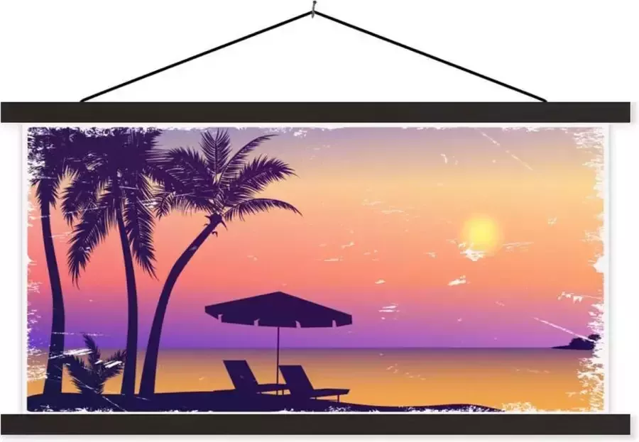 TextilePosters Posterhanger incl. Poster 120x60 cm Schoolplaat Strandstoel Parasol Zand Nacht Textielposter Zwarte latten