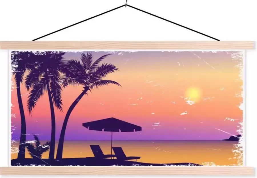 TextilePosters Posterhanger incl. Poster 150x75 cm Schoolplaat Strandstoel Parasol Zand Nacht Textielposter Blanke latten