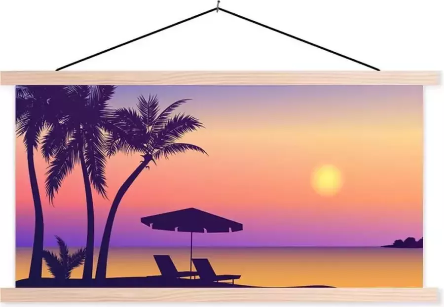 TextilePosters Posterhanger incl. Poster 120x60 cm Schoolplaat Strandstoel Parasol Zomer Illustratie Textielposter Blanke latten
