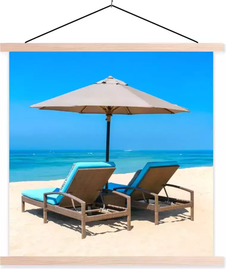 TextilePosters Posterhanger incl. Poster 120x120 cm Schoolplaat Strandstoel Parasol Zomer Zee Textielposter Blanke latten