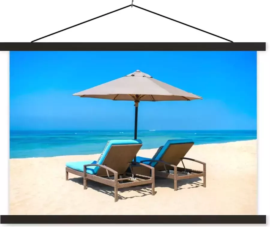 TextilePosters Posterhanger incl. Poster 120x80 cm Schoolplaat Strandstoel Parasol Zomer Zee Textielposter Zwarte latten