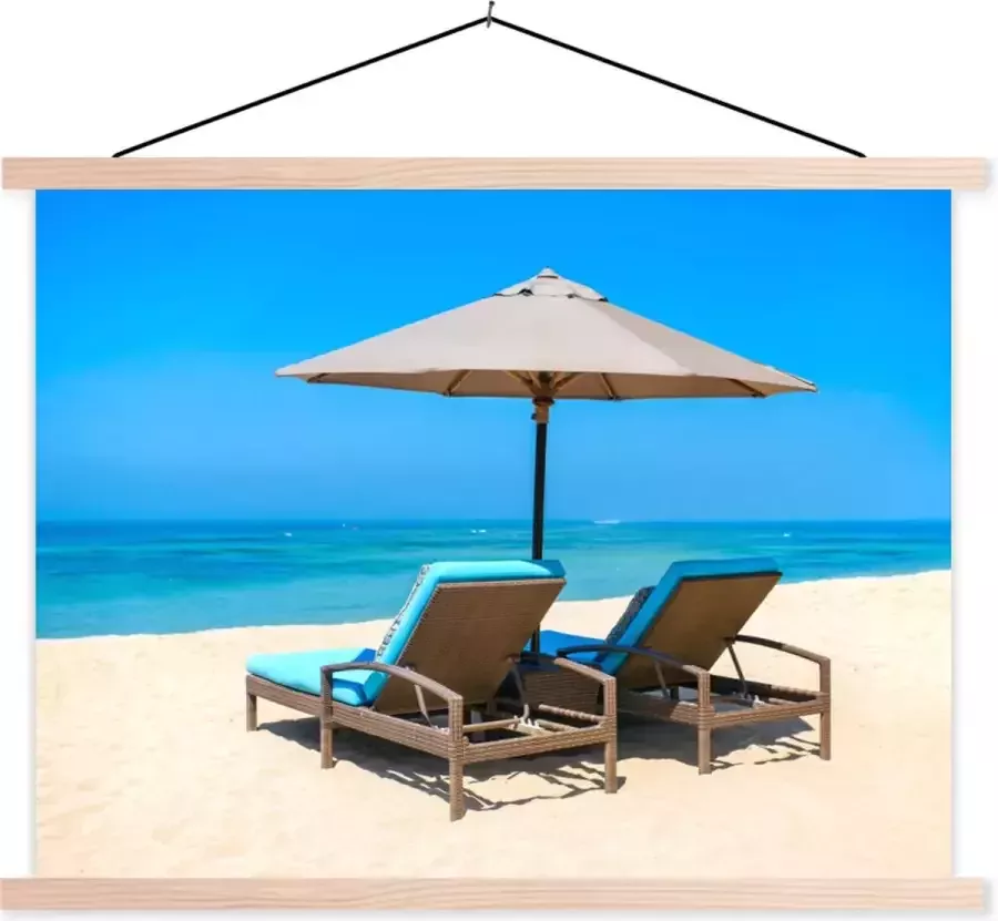 TextilePosters Posterhanger incl. Poster 60x45 cm Schoolplaat Strandstoel Parasol Zomer Zee Textielposter Blanke latten