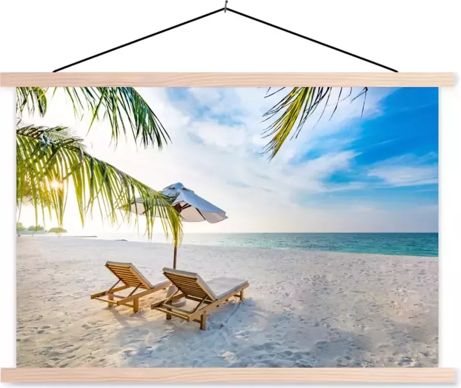 TextilePosters Posterhanger incl. Poster 120x80 cm Schoolplaat Strandstoel Parasol Zonsondergang Textielposter Blanke latten