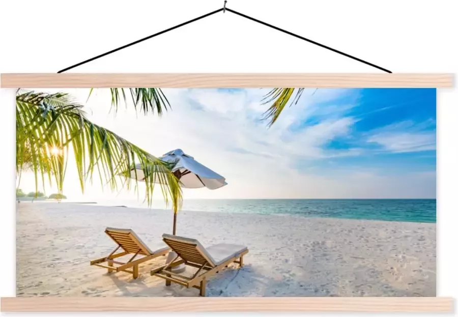TextilePosters Posterhanger incl. Poster Schoolplaat Strandstoel Parasol Zonsondergang 60x30 cm Blanke latten